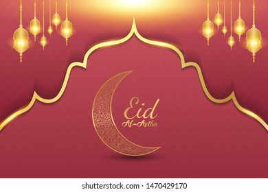 Luxury modern design of Eid Al Adha mubarak on red background.  the celebration of Muslim community. Gold moon and mosque abstract islamic elements. vector eps10
