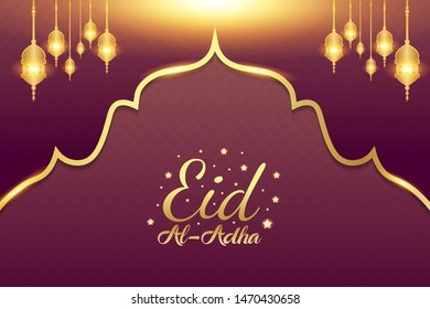 Luxury modern design of Eid Al Adha mubarak on purple dark background.  the celebration of Muslim community. Gold moon and mosque abstract islamic elements. vector eps10