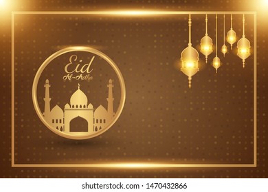Luxury modern design of Eid Al Adha mubarak on brown dark background.  the celebration of Muslim community. Gold moon and mosque abstract islamic elements. vector eps10
