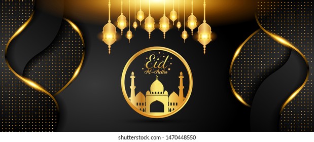 Luxury modern design of Eid Al Adha mubarak on black dark background.  the celebration of Muslim community. Gold moon and mosque abstract islamic elements. vector eps10