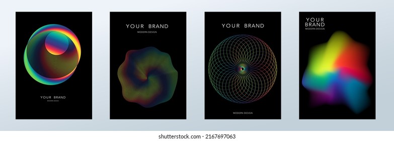 Luxury Modern Design Set. Abstract Flowing Wavy Rings Line, Round Fluid Shape In Colorful Vibrant Light Isolated On Black Background. Creative Design For Social Media Poster, Music Catalog, Technology