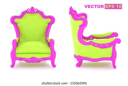 Chaise verte moderne de luxe dans un cadre rose. Modifiez et insérez votre texte.