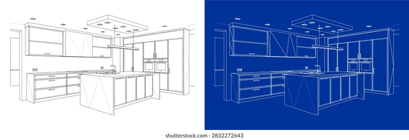 Luxury modern kitchen interior architectural blueprint vector illustration featuring 3D perspective wireframe sketch with island counter, pendant lamps, cabinets, and built-in ovens on white and blueprint background.