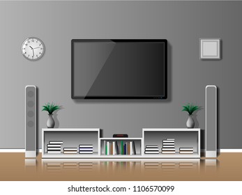Luxury modern living room with flat TV on desk