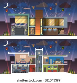 Luxury modern residential two-storied house facade and detailed furnished interior section at night. Minimalistic eco-friendly architecture with expressive facade lighting flat vector illustration