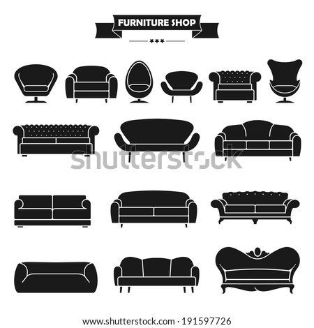 Luxury modern sofa and couch icons set. Vintage furniture collection.