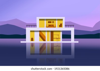 Luxury modern villa house on the water such as sea or lake. Evening vector illustration of expensive resort.