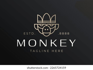 Luxury Monkey King Logo Design. Monkey Wearing Crown Line Art Vector Business Logo Design.