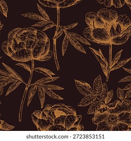 Modelo inconsútil monocromo de lujo con las flores de la peonía. Vector ilustración detallada dibujada a mano en estilo de grabado vintage.