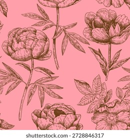 Luxury monochrome seamless pattern with peony flowers. Vector detailed hand-drawn illustration in vintage engraving style.
