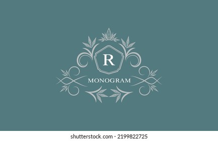 Luxury monogram brand. Universal modern logo concept with letter R and place for text.