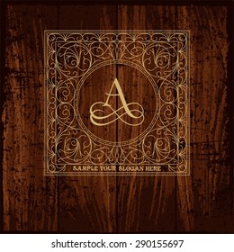 Luxury Monogram Emblem template. Elegant Frame Ornament line Logo design vector illustration. Good for  Restaurant, Boutique, Cafe, Hotel, Heraldic, Jewelry, Fashion.  Template Wood Texture 