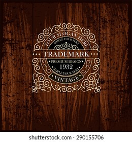 Luxury Monogram Emblem template. Elegant Frame Ornament line Logo design vector illustration. Good for  Restaurant, Boutique, Cafe, Hotel, Heraldic, Jewelry, Fashion.  Template Wood Texture 