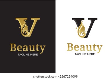 luxury monogram initial letter V silhouette of Face woman logo design template