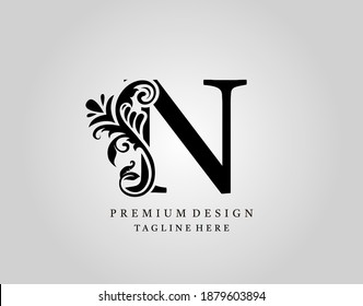 Diseño del logotipo de la letra N del monograma de lujo, elegante vector de diseño de alfabeto floral ornamentado.