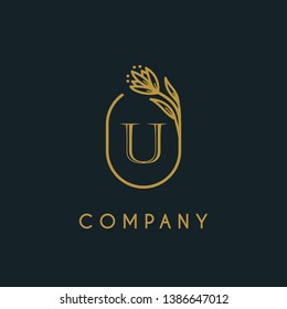Logotipo lujoso monograma U con concepto de icono floral. vector de diseño inicial/alfabeto elegante premium. puede utilizarse para la industria de la belleza, cosméticos, salón, boutique, empresa, empresa