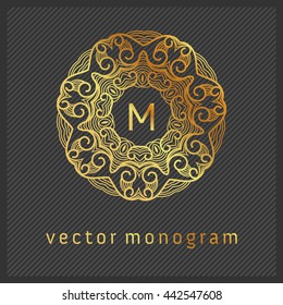 Luxury Monogram Logo. Golden colors on dark background. Design for Boutique, Restaurant, Royalty, Hotel, Cosmetics brand, VIP, Clubs. Vector Illustration.