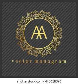 Luxury Monogram Logo. Golden colors on dark background. Design for Boutique, Restaurant, Royalty, Hotel, Cosmetics brand, VIP, Clubs. Vector Illustration.