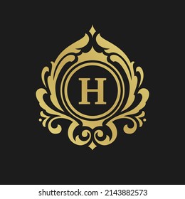 Objeto vectorial de plantilla de logotipo monocasco de lujo para el diseño de logotipo o placa. Ilustración de marco de adorno real vintage de moda, buena para tienda de moda, alcohol o marca de hotel.