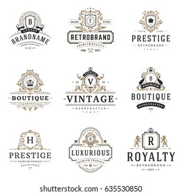 Luxury monogram logos templates vector objects set for logotype or badge Design. Trendy vintage royal ornament frames illustration, good for fashion boutique, alcohol or hotel brand.