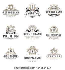 Luxury monogram logos templates vector objects set for logotype or badge Design. Trendy vintage royal ornament frames illustration, good for fashion boutique, alcohol or hotel brand.