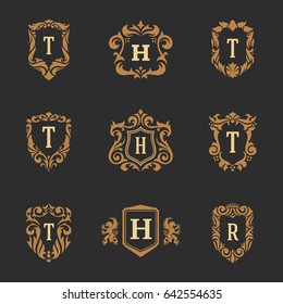 Luxury monogram logos templates vector objects set for logotype or badge Design. Trendy vintage royal ornament frames illustration, good for fashion boutique, alcohol or hotel brand.