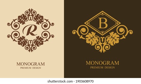 Elementos de diseño lujosos Monograma R y B. Elegante y lujoso marco floral adorno de línea de diseño de imagen vectorial. Buena señal real, Restaurante, Boutique, Cafe, Hotel, Heraldic, Joyería, Moda