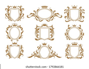 Luxury monogram shields. Royal labels with crowns, decorative elegant emblems, victorian symbols of insignia, vector illustration of ornate frames heraldry isolated on white background