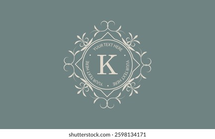 Luxury monogram template for logo or badge design with elegant letter K. Trendy vintage royal ornament frame illustration, good for fashion boutique, alcohol or hotel brand, business.