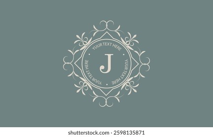 Luxury monogram template for logo or badge design with elegant letter J. Trendy vintage royal ornament frame illustration, good for fashion boutique, alcohol or hotel brand, business.