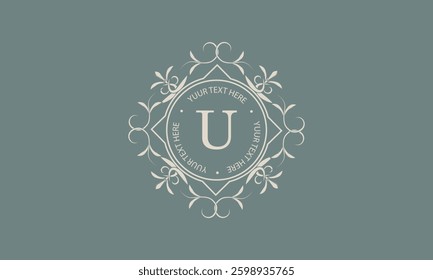 Luxury monogram template for logo or badge design with elegant letter U. Trendy vintage royal ornament frame illustration, good for fashion boutique, alcohol or hotel brand, business.