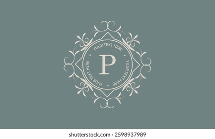 Luxury monogram template for logo or badge design with elegant letter P. Trendy vintage royal ornament frame illustration, good for fashion boutique, alcohol or hotel brand, business.