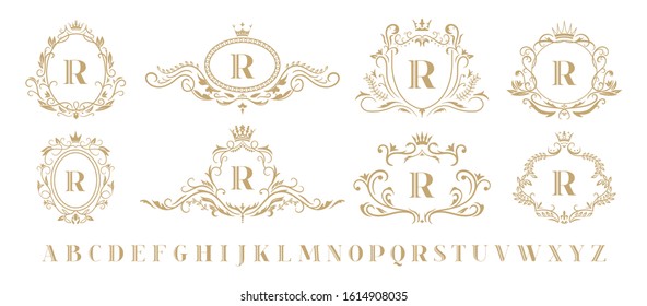 Luxury monogram. Vintage ornamental decorative monograms, retro luxury golden wreath emblem and baroque heraldic wedding frame. Luxurious whiskey or boutique emblem isolated vector icons set