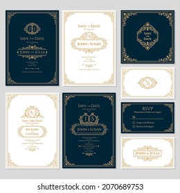 Luxury monogram wedding invitation. Foliage frame premium cards, royal ornament. Luxury business banners design, decorative floral tidy vector templates