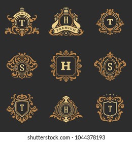 Luxury monograms logos templates vector objects set for logotype or badge Design. Trendy vintage royal ornament frames illustration, good for fashion boutique, alcohol or hotel brand.