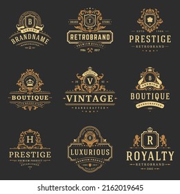 Luxury monograms logos templates vector objects set for logotype or badge design. Trendy vintage royal ornament frames illustration, good for fashion boutique, alcohol or hotel brand.