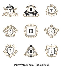 Luxuriöse Logos-Vorlagen für Vektorobjekte, die für Logotypen oder Badge Design festgelegt sind. Trendy Vintage königliche Verzierung Rahmen Illustration, gut für Mode Boutique, Alkohol oder Hotelmarke.
