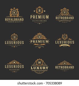 Luxury monograms logos templates vector objects set for logotype or badge Design. Trendy vintage royal ornament frames illustration, good for fashion boutique, alcohol or hotel brand.