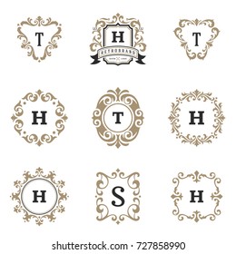Luxury monograms logos templates vector objects set for logotype or badge Design. Trendy vintage royal ornament frames illustration, good for fashion boutique, alcohol or hotel brand.