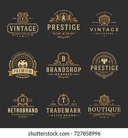 Luxury monograms logos templates vector objects set for logotype or badge Design. Trendy vintage royal ornament frames illustration, good for fashion boutique, alcohol or hotel brand.