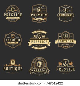 Luxury monograms logos templates vector objects set for logotype or badge Design. Trendy vintage royal ornament frames illustration, good for fashion boutique, alcohol or hotel brand.