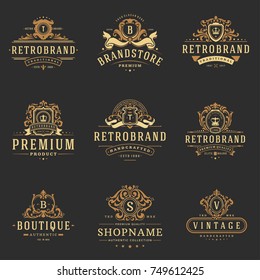 Luxury monograms logos templates vector objects set for logotype or badge Design. Trendy vintage royal ornament frames illustration, good for fashion boutique, alcohol or hotel brand.