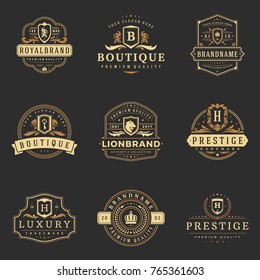 Luxury monograms logos templates vector objects set for logotype or badge Design. Trendy vintage royal ornament frames illustration, good for fashion boutique, alcohol or hotel brand.