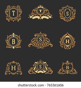 Luxury monograms logos templates vector objects set for logotype or badge Design. Trendy vintage royal ornament frames illustration, good for fashion boutique, alcohol or hotel brand.