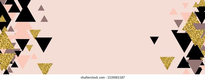 Luxury Mosaic Vector Panoramic Pink Background. Light Polygon Gradient Poster. Glow Hipster Triangle Texture. Gold Foil Illustration.
