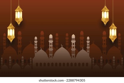 luxury mosque jumma eid al fitr adha eid mubarak ramadan lantern islamic ornament background  banner. Translation: "Muslim fasting month and celebration day after fasting"