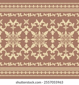 Luxury Motif Royal Gold Silk Embroidery on Brown Background. Haute Couture Mocha Mousse Scroll Ornament. Detailed Border Pattern Seamless Rich style Vector, opulence design decoration fabric apparel 