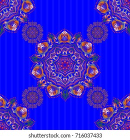 Luxury motley pattern with abstract vector elements. Beige, orange and blue geometric seamless pattern.