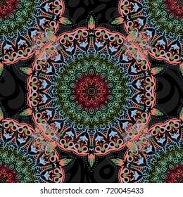 Luxury motley seamless pattern with abstract vector elements. Pink, green and red pattern on black background.