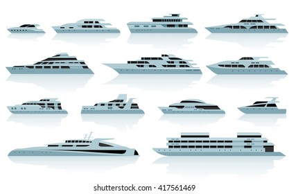 Luxury motor yachts in flat style. Vector icon set